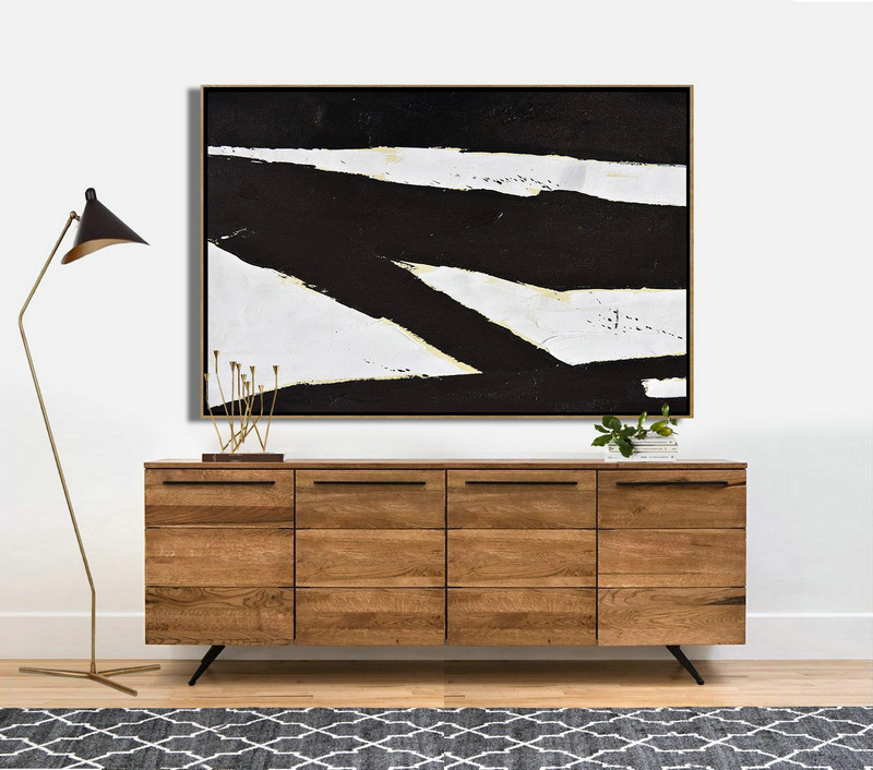 Abstract Art Decor Large Canvas Painting,Horizontal Palette Knife Minimal Canvas Art Painting Black White Beige,Artwork For Sale #F0Q8